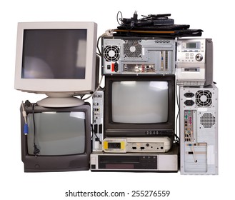 Old, Used And Obsolete Electronic Equipment Isolated On White