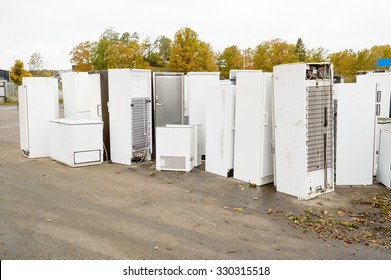 Old used refrigerators and freezers are stored separately in the waste station. Here are some standing together