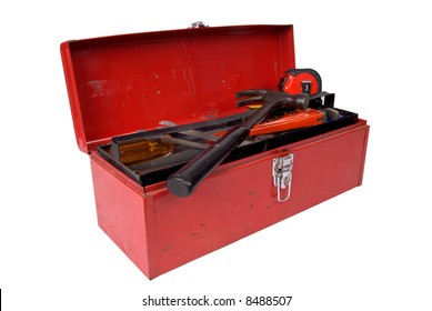 Old Used And Rusty Tools In A Red Toolbox Over A White Background