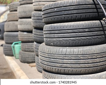 Old Used Tyre Pile On Old Tyre Store