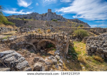 The old Venetian castle of Acrokorinth, the Acropolis of ancient Corinth in Peloponnese, Greece