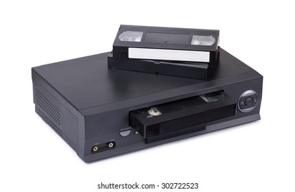 Old VHS Video Recorder With Cassettes Isolated On White Background