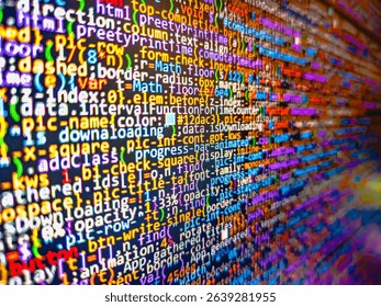 Old video template. Software developer web program script. Wool hand machine, handmade. Multicolored glitter background. Website codes on monitor. Examining compressed code. Computer script.