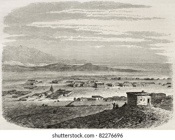 Old view of El Pueblo de Los Angeles, the future metropolis. Created by De Berard after report made under the direction of the U.S. secretary of the war. Published on Le Tour du Monde, Paris, 1860