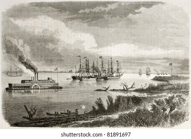 Old view of steamship and tug sailing down the Mississipi. Created by Berard after Reclus, published on Le Tour du Monde, Paris, 1860 - Powered by Shutterstock