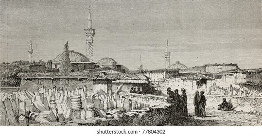 Old view of Usak (Oushak), antique city in Aegean region of Turkey. Created by Gaiaud, published on Le Tour du Monde, Paris, 1864