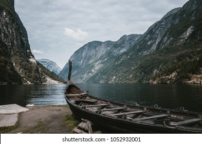 Old Viking Boat Replica In A Norwegian Landscape Near Flam, Norway.