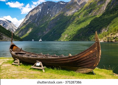 Old Viking Boat Replica In A Norwegian Landscape Near Flam, Norway.