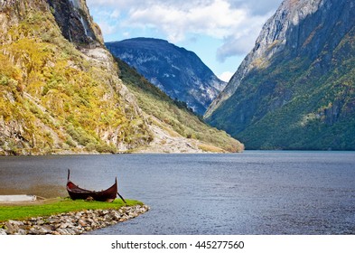 Old Viking Boat In Sognefjord, Norway