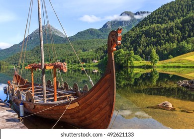 Old Viking Boats Replica In A Norwegian Landscape, Norway.