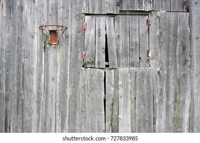 Old village basketball hoop. Hung on the wall of the barn. Photographed in Lithuania