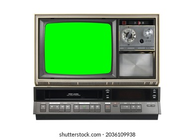 Old Vintage 1970s TV With Green Screen For Adding Video And VCR Isolated On White Background. Vintage TVs 1980s 1990s 2000s. 