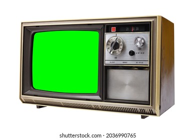 Old Vintage 1970s TV With Green Screen For Adding Video Isolated On White Background.Vintage TVs 1960s 1970s 1980s 1990s 2000s. 