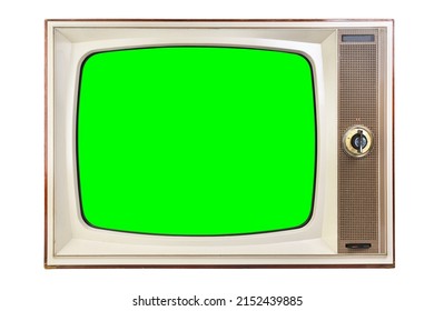 Old Vintage 1970s TV With Green Screen For Adding Video Isolated On White Background.Vintage TVs 1960s 1970s 1980s 1990s 2000s. 