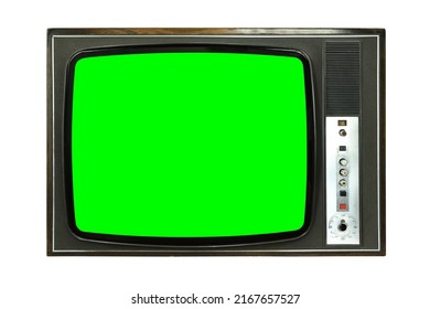 Old Vintage 1970s TV With Green Screen For Adding Video Isolated On White Background.Vintage TVs 1960s 1970s 1980s 1990s 2000s. 