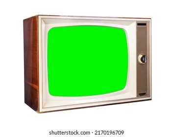 Old Vintage 1970s TV With Green Screen For Adding Video Isolated On White Background.Vintage TVs 1960s 1970s 1980s 1990s 2000s. 