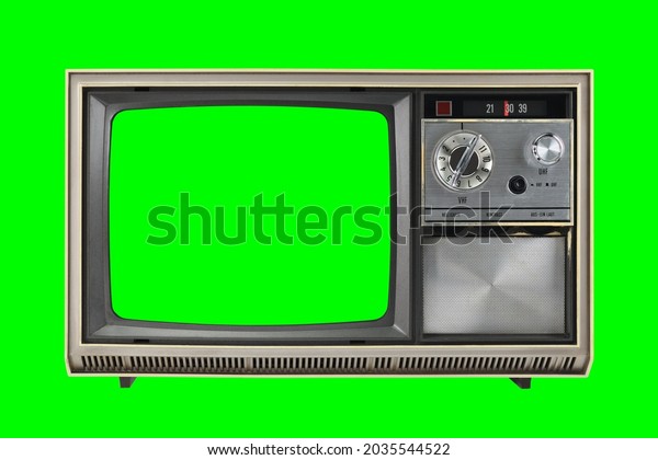 Old vintage 1970s TV with green screen for adding video
isolated on green background.Vintage TVs 1960s 1970s 1980s 1990s
2000s. 