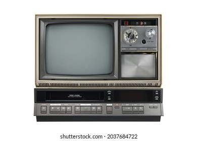 Old Vintage 1970s TV And VCR Isolated On White Background.Vintage TVs 1960s 1970s 1980s 1990s 2000s. 