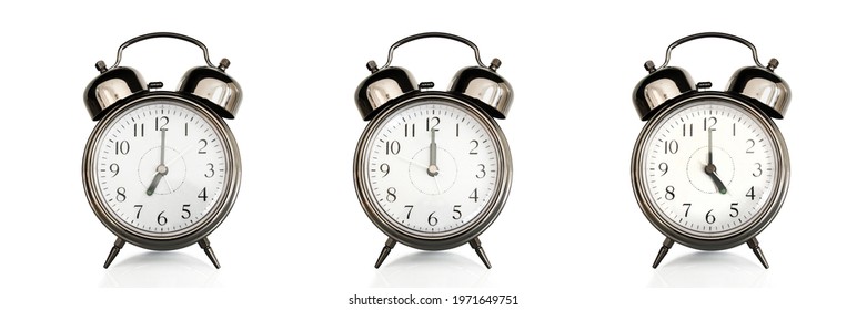 Old Vintage Alarm Clocks At Different Time Of The Days Isolated On Panoramic White Background. Morning, Noon,afternoon,evening Concept