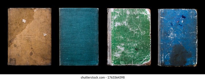 Old Vintage Antique Aged Rarity Book Cover Collection Set Isolated on Black. Rough Damaged Shabby Scratched Wrinkled Paper Cardboard Texture. Front View.  - Shutterstock ID 1763364398