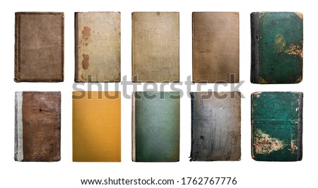 Old Vintage Antique Aged Rarity Book Cover Collection Set Isolated on White. Rough Damaged Shabby Scratched Wrinkled Paper Cardboard Texture. Front View. 