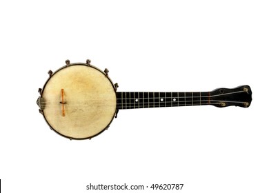 Old Vintage Banjo, Missing One String,  Isolated On White Background