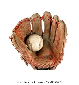 old vintage baseball glove with the baseball held in the palm isolated over white background