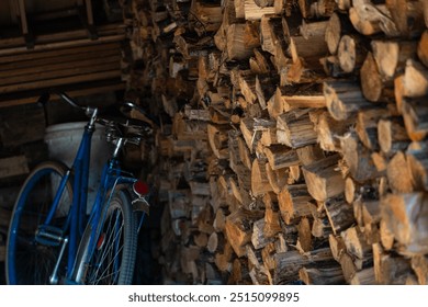 An old, vintage, blue bike is in the barn. A bicycle in a woodcutter - Powered by Shutterstock