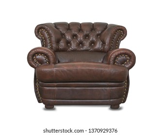 Old Vintage Brown Leather Chair In Empty Room