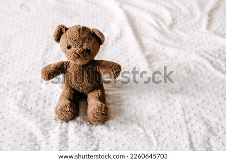 Old vintage brown teddy bear toy on a white blanket. 