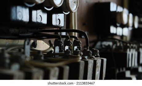 Old Vintage Cabinet With Relay Or Power Switch For Machine Tools In Abandoned Factory. Retro Transistors And Resistors Close-up View.