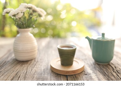 Old Vintage Ceramic Cup And Tea Pot With White Chrysanthemum Vase