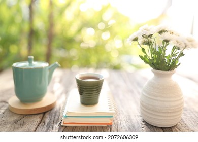 Old Vintage Ceramic Cup And Tea Pot With White Chrysanthemum Vase