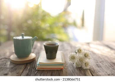 Old Vintage Ceramic Cup And Tea Pot With White Chrysanthemum Vase