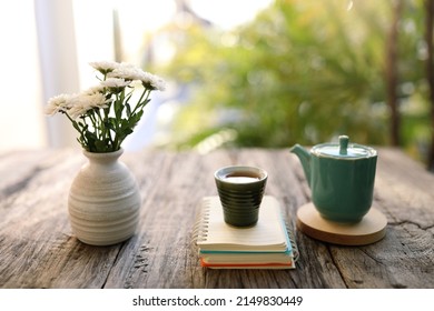 Old Vintage Ceramic Cup And Tea Pot With White Chrysanthemum Vase