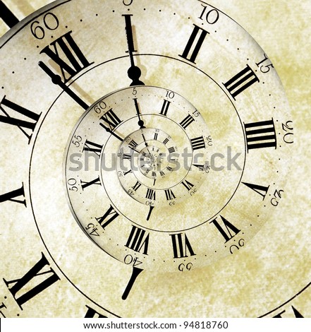 An old vintage clock face with a spiral effect representing the infinite spiral of time.