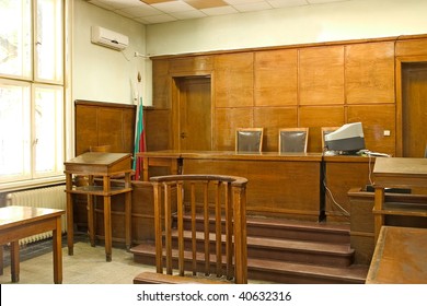 Old Vintage Court Room. Close-up Of The Judges Chairs.