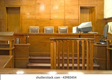 Old Vintage Court Room. Close-up Of The Judges Chairs.