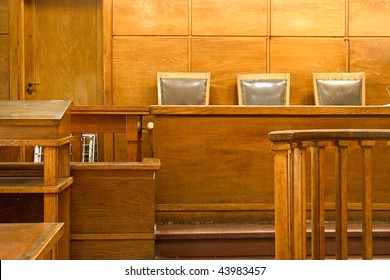 Old Vintage Court Room. Close-up Of The Judges Chairs.