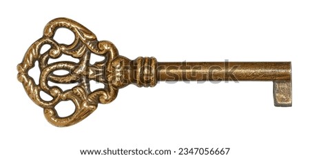 Old vintage door key with ornate, isolated on a white background