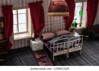 Old Vintage Double Bed . A Realistic Dollhouse Bedroom With Furniture And Window. Selective Focus