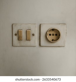 Old vintage electrical socket and light switches mounted on a textured beige wall. Rustic, worn-out design with muted tones, capturing a nostalgic or retro home interior atmosphere.