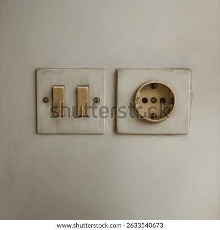 Old vintage electrical socket and light switches mounted on a textured beige wall. Rustic, worn-out design with muted tones, capturing a nostalgic or retro home interior atmosphere.