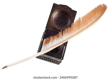 Old vintage feather quill with glass inkwell isolated on white background - Powered by Shutterstock