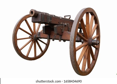 Old vintage gunpowder cannon on wooden carriage with large wheels isolated on white background