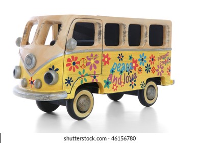 An Old Vintage Hippie Peace And Love Van Over A White Background