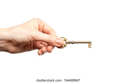 Old Vintage Key In Woman Hand Isolated