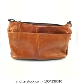 Old Vintage Leather Bag Brown Color Casual Fashion Style With Stitch Line Texture And Broken Zipper Close Up On White Background Studio Shot, Image For Leather Repair Shop Or Hand Craft DIY Project