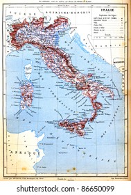 An Old Vintage Map Of Italy With Explanation Of Signs On Map From The Late 1800s,  Trousset Encyclopedia (1886 - 1891).