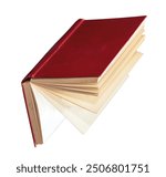 An old vintage open book red cover from the side view isolated on white background. Flying book in the air.